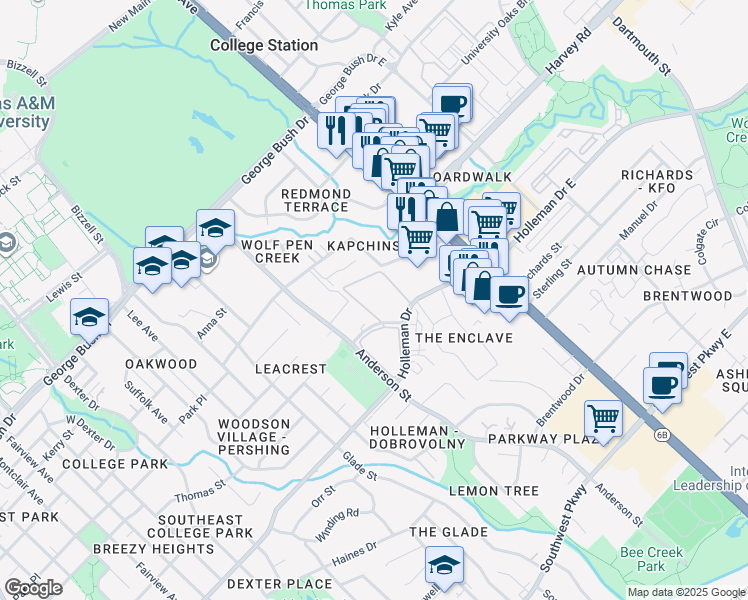 map of restaurants, bars, coffee shops, grocery stores, and more near 1601 Holleman Drive in College Station