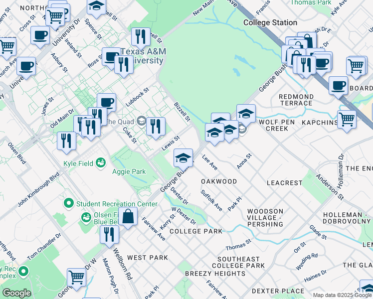 map of restaurants, bars, coffee shops, grocery stores, and more near 586-598 Lewis Street in College Station