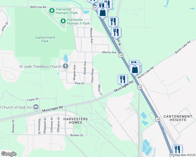 map of restaurants, bars, coffee shops, grocery stores, and more near 130 Pace Parkway in Cantonment