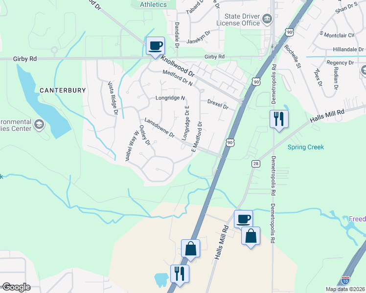 map of restaurants, bars, coffee shops, grocery stores, and more near 5316 Lansdowne Drive in Mobile