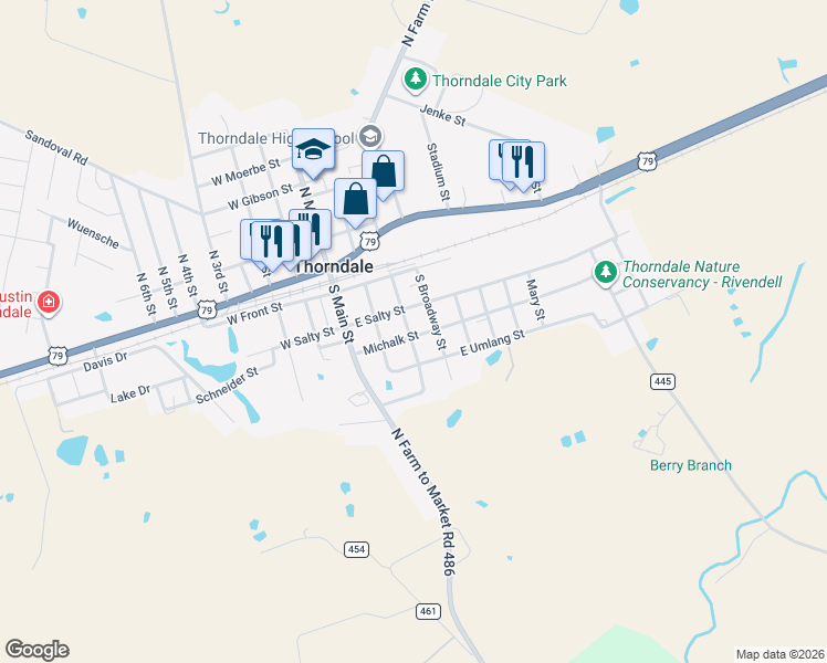 map of restaurants, bars, coffee shops, grocery stores, and more near 206 East Salty Street in Thorndale