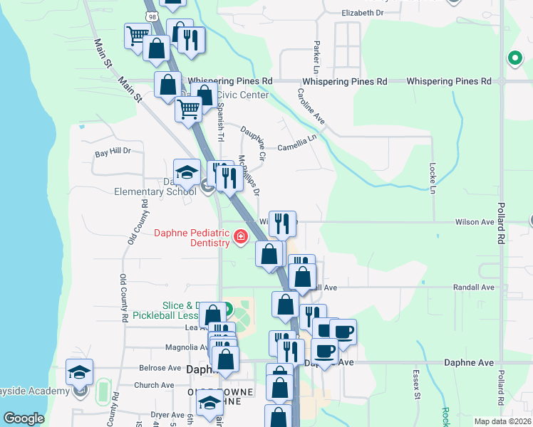 map of restaurants, bars, coffee shops, grocery stores, and more near 2306 Mcphillips Dr in Daphne