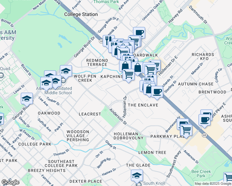 map of restaurants, bars, coffee shops, grocery stores, and more near 1601 Holleman Drive in College Station