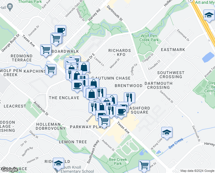 map of restaurants, bars, coffee shops, grocery stores, and more near 2332 Autumn Chase Loop in College Station