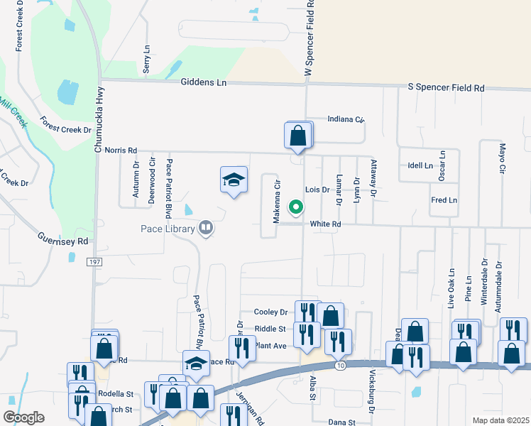 map of restaurants, bars, coffee shops, grocery stores, and more near 4943 Makenna Circle in Pace