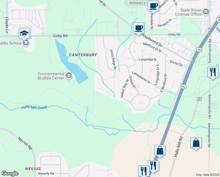 map of restaurants, bars, coffee shops, grocery stores, and more near 3742 Vista Ridge Drive in Mobile
