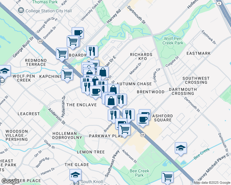map of restaurants, bars, coffee shops, grocery stores, and more near 102 Manuel Drive in College Station
