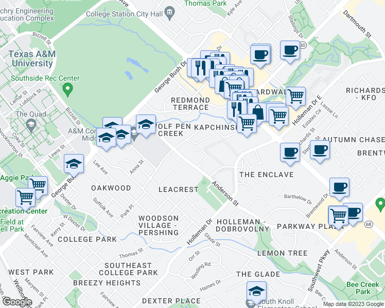 map of restaurants, bars, coffee shops, grocery stores, and more near 1702 Boardwalk Court in College Station