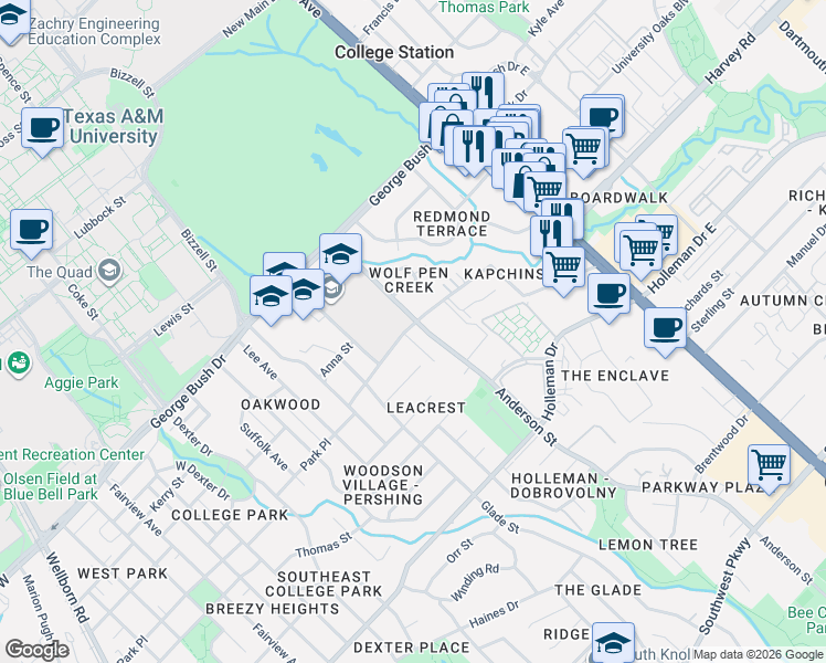 map of restaurants, bars, coffee shops, grocery stores, and more near 401 Aurora Court in College Station