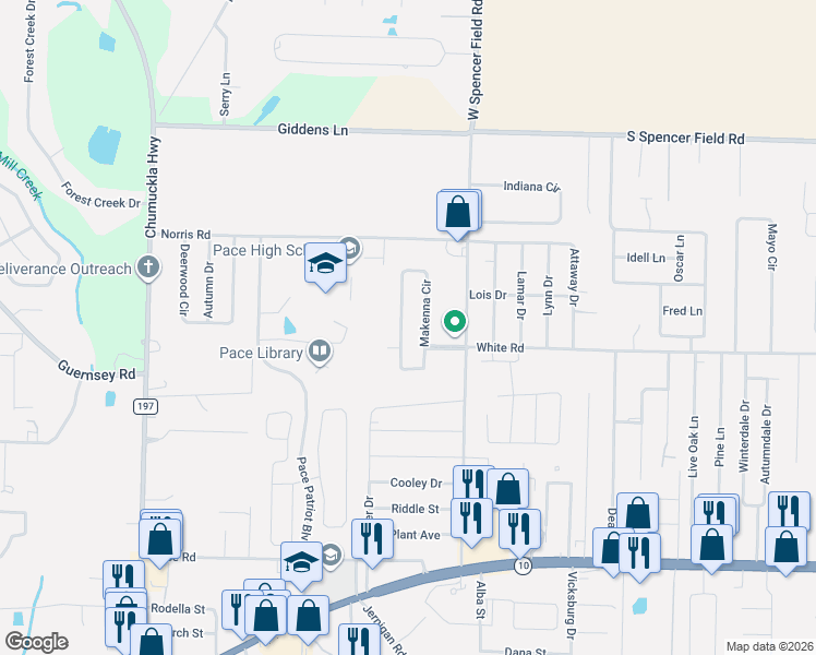 map of restaurants, bars, coffee shops, grocery stores, and more near 4932 Makenna Circle in Pace