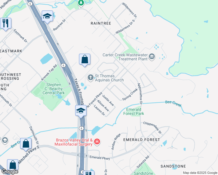 map of restaurants, bars, coffee shops, grocery stores, and more near 8301 Wildewood Circle in College Station