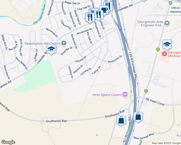 map of restaurants, bars, coffee shops, grocery stores, and more near 627 Luther Drive in Georgetown