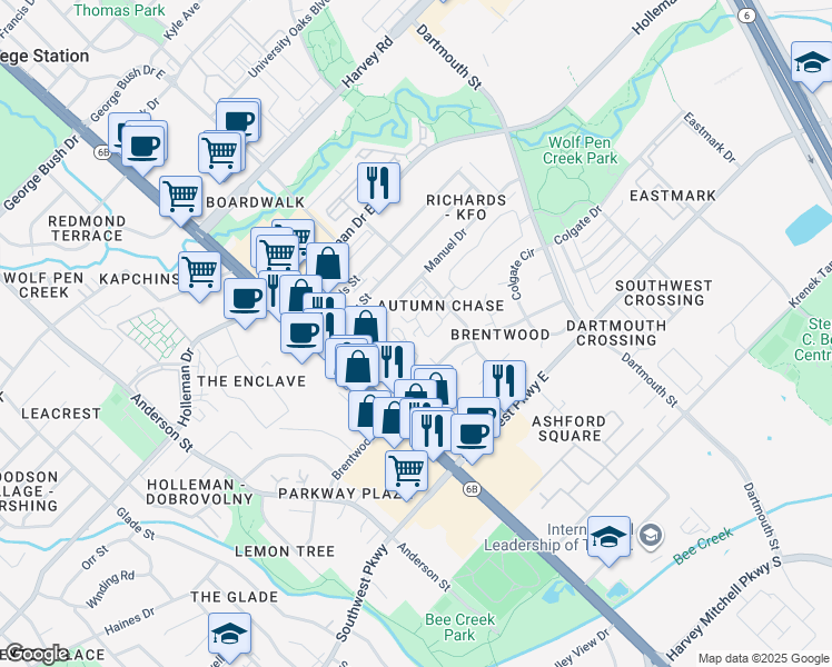 map of restaurants, bars, coffee shops, grocery stores, and more near 2328A Autumn Chase Loop in College Station