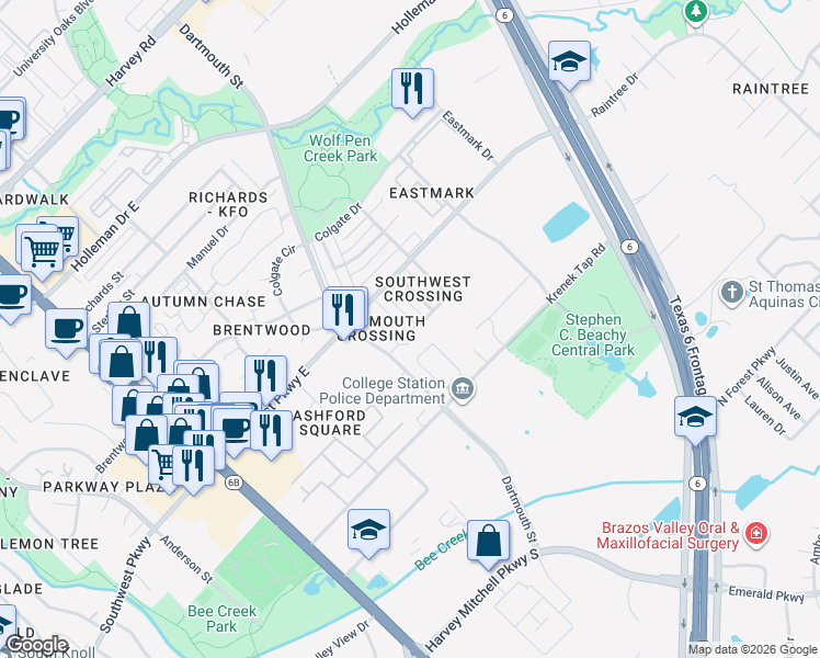 map of restaurants, bars, coffee shops, grocery stores, and more near 2532 Cross Timbers Drive in College Station