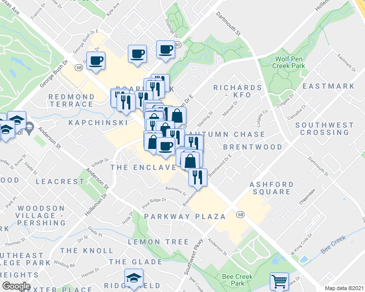 map of restaurants, bars, coffee shops, grocery stores, and more near 104 Sterling Street in College Station