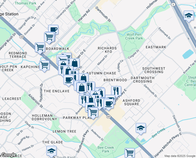 map of restaurants, bars, coffee shops, grocery stores, and more near 2337 Autumn Chase Loop in College Station
