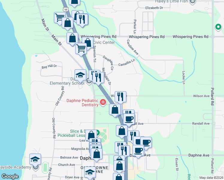 map of restaurants, bars, coffee shops, grocery stores, and more near 2306 McPhillips Drive in Daphne