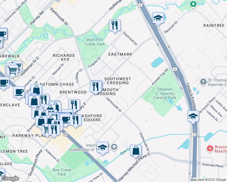 map of restaurants, bars, coffee shops, grocery stores, and more near 2532 Cross Timbers Drive in College Station