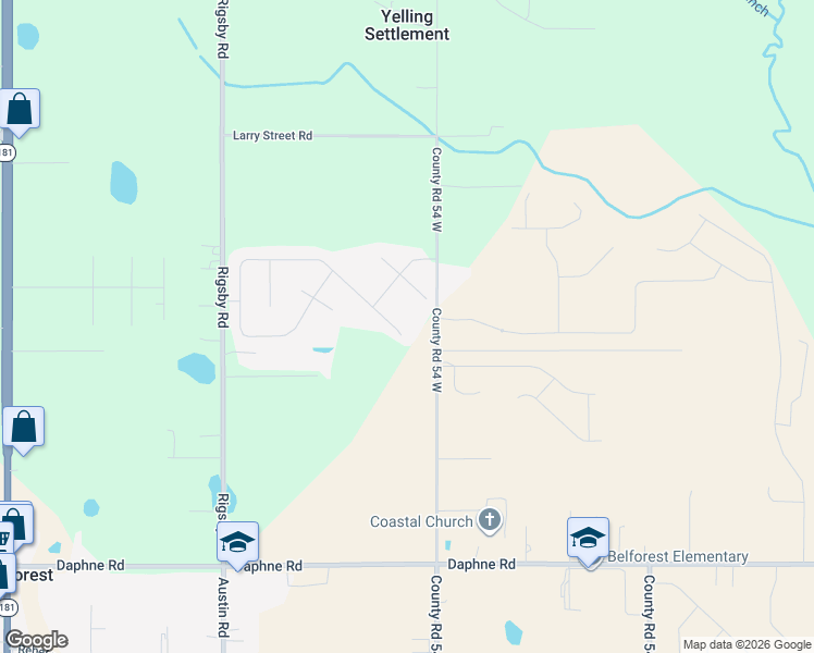 map of restaurants, bars, coffee shops, grocery stores, and more near 26509-26999 County Road 54 West in Daphne