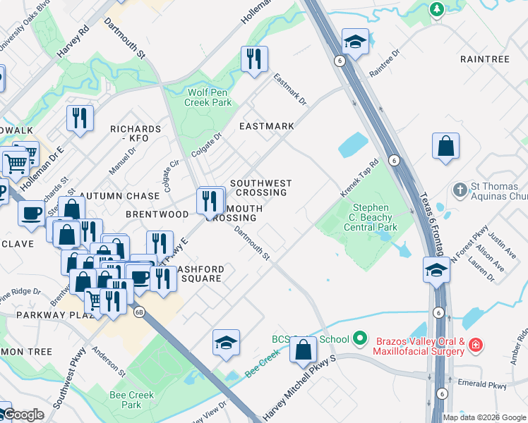 map of restaurants, bars, coffee shops, grocery stores, and more near 2530 Cross Timbers Drive in College Station