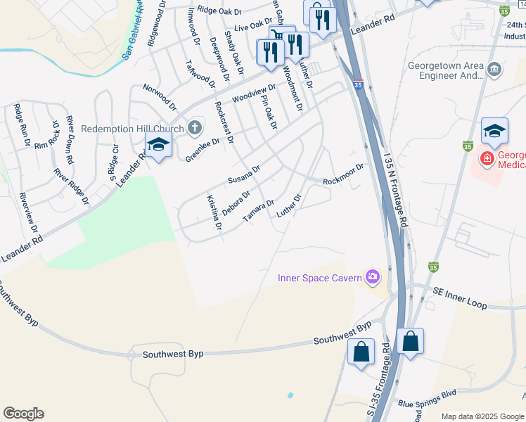 map of restaurants, bars, coffee shops, grocery stores, and more near 701 Rockcrest Drive in Georgetown