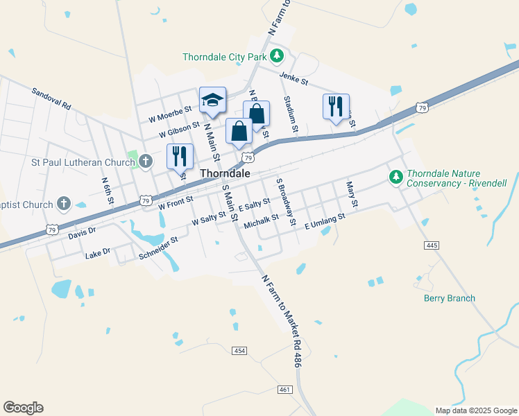 map of restaurants, bars, coffee shops, grocery stores, and more near 206 East Salty Street in Thorndale