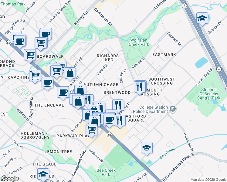 map of restaurants, bars, coffee shops, grocery stores, and more near 2314 Auburn Court in College Station