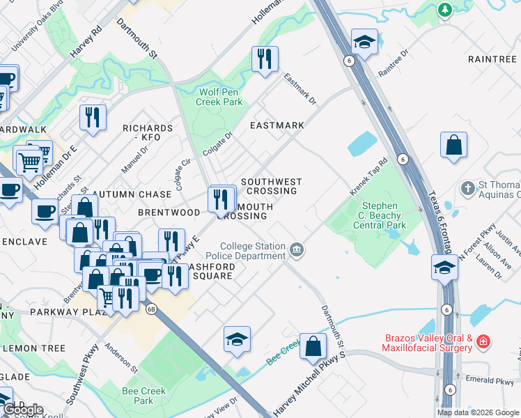 map of restaurants, bars, coffee shops, grocery stores, and more near 2530 Cross Timbers Drive in College Station