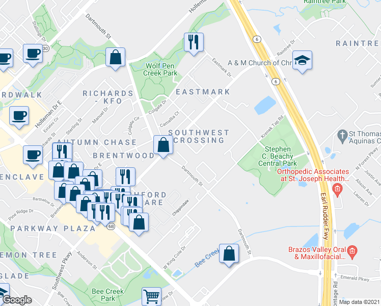 map of restaurants, bars, coffee shops, grocery stores, and more near 2530 Cross Timbers Drive in College Station