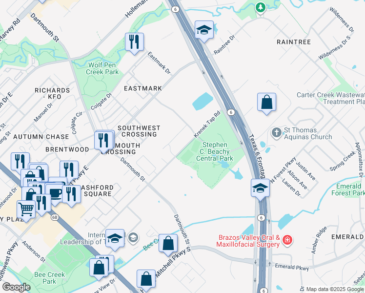 map of restaurants, bars, coffee shops, grocery stores, and more near 205 Krenek Tap Road in College Station