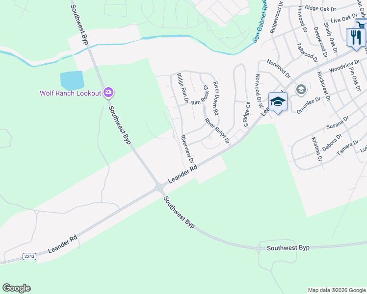 map of restaurants, bars, coffee shops, grocery stores, and more near 115 Riverview Drive in Georgetown