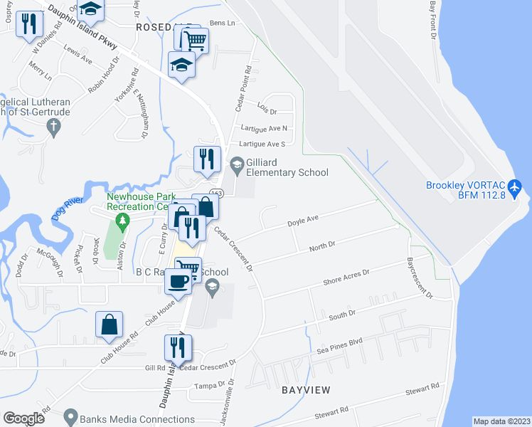 map of restaurants, bars, coffee shops, grocery stores, and more near 2927 Gray Court in Mobile