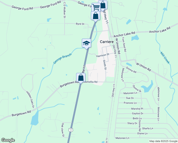 map of restaurants, bars, coffee shops, grocery stores, and more near 122 Bill Terrell Road in Carriere