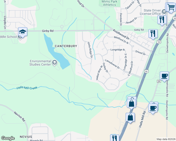 map of restaurants, bars, coffee shops, grocery stores, and more near 3742 Vista Ridge Drive in Mobile