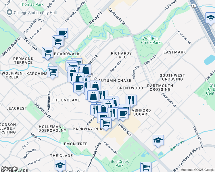 map of restaurants, bars, coffee shops, grocery stores, and more near 2328A Autumn Chase Loop in College Station