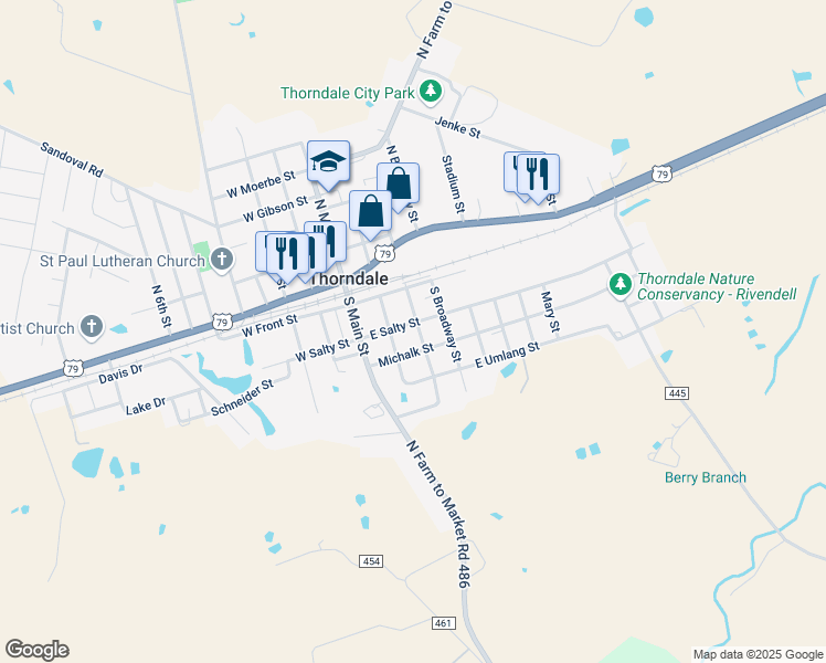 map of restaurants, bars, coffee shops, grocery stores, and more near 206 East Salty Street in Thorndale