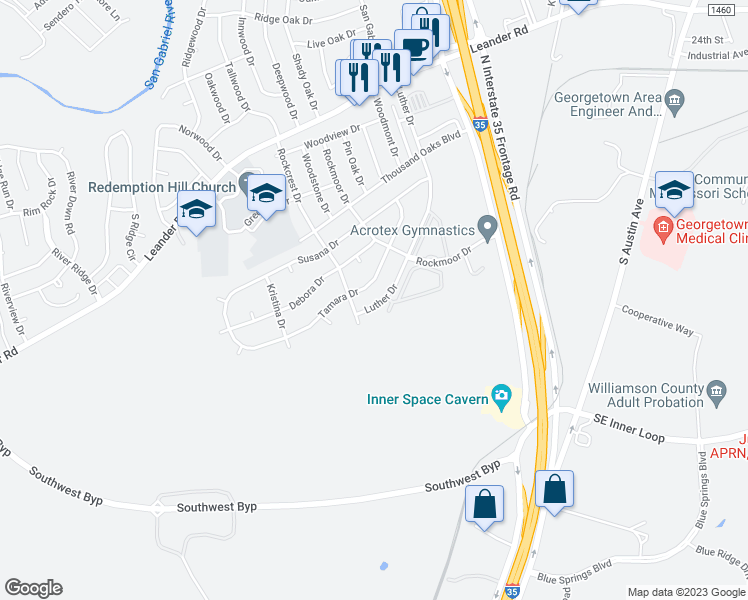map of restaurants, bars, coffee shops, grocery stores, and more near 621 Luther Drive in Georgetown