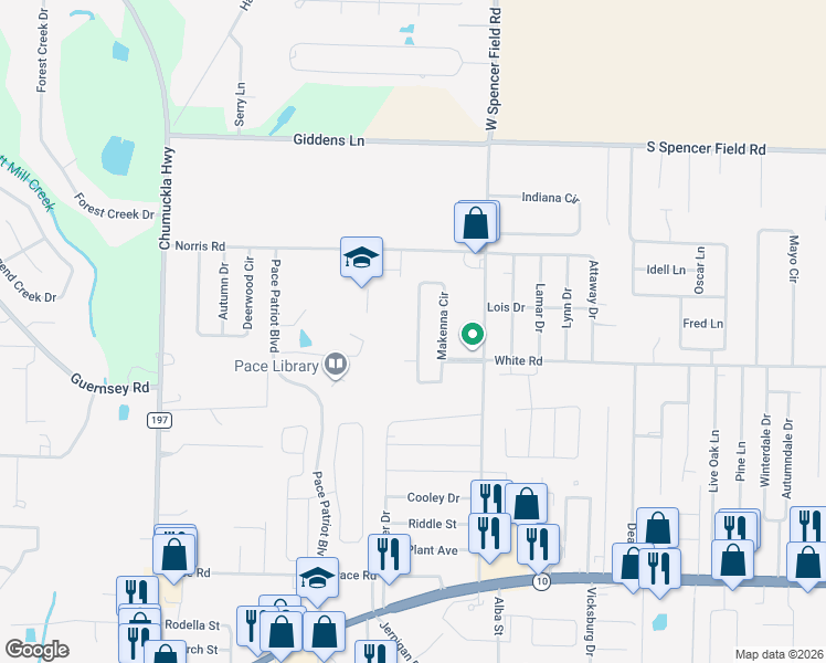 map of restaurants, bars, coffee shops, grocery stores, and more near 4932 Makenna Circle in Pace