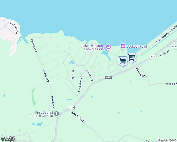 map of restaurants, bars, coffee shops, grocery stores, and more near 130 Camilla Drive in Coldspring