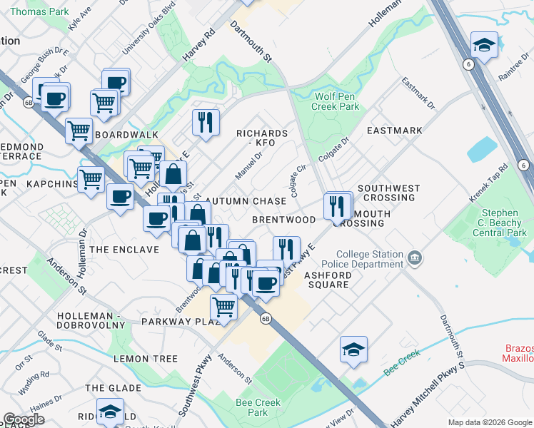 map of restaurants, bars, coffee shops, grocery stores, and more near 2348 Cornell Drive in College Station