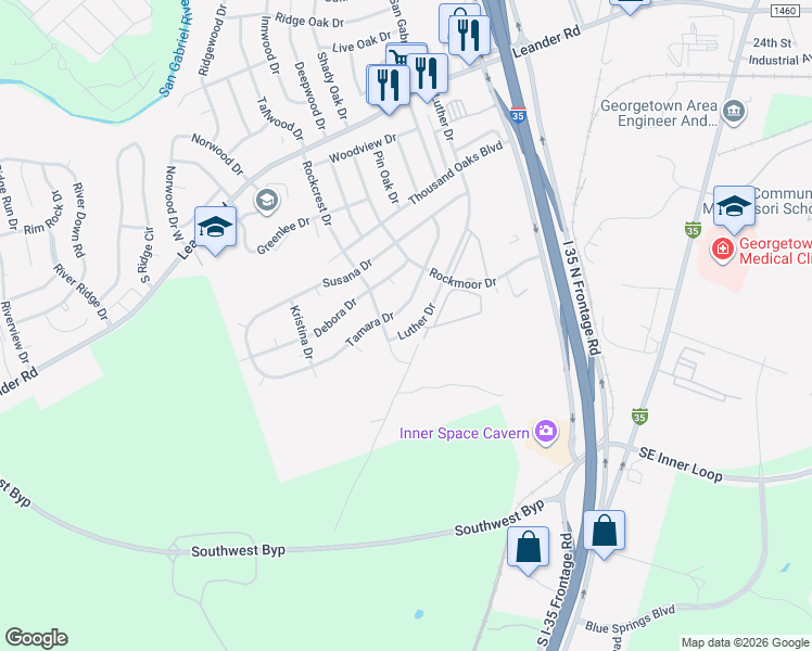 map of restaurants, bars, coffee shops, grocery stores, and more near 621 Luther Drive in Georgetown