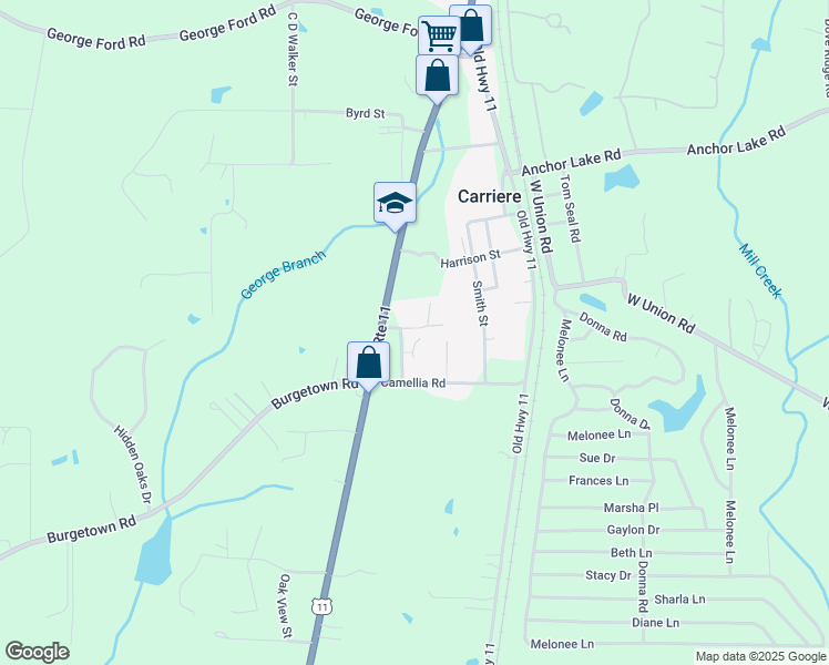 map of restaurants, bars, coffee shops, grocery stores, and more near 122 Bill Terrell Road in Carriere