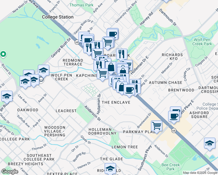 map of restaurants, bars, coffee shops, grocery stores, and more near 1900 Texas Avenue South in College Station