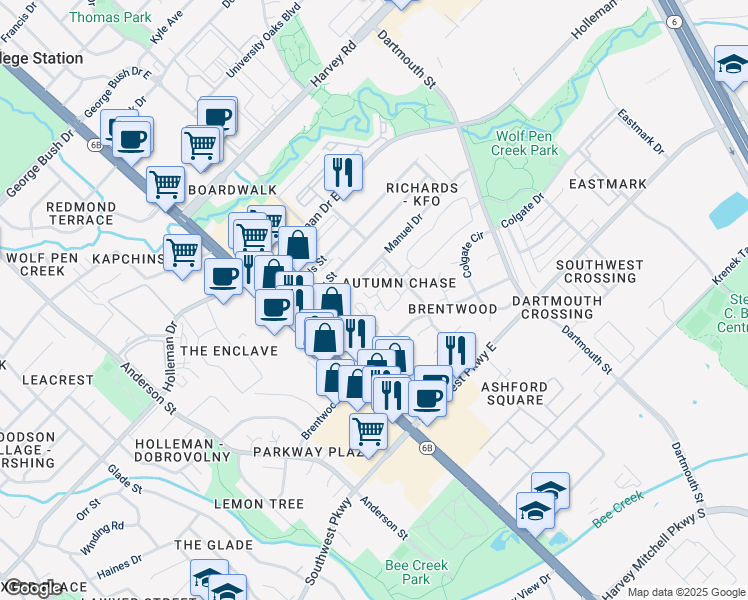 map of restaurants, bars, coffee shops, grocery stores, and more near 2328A Autumn Chase Loop in College Station