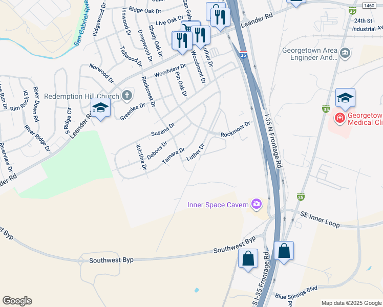 map of restaurants, bars, coffee shops, grocery stores, and more near 621 Luther Drive in Georgetown