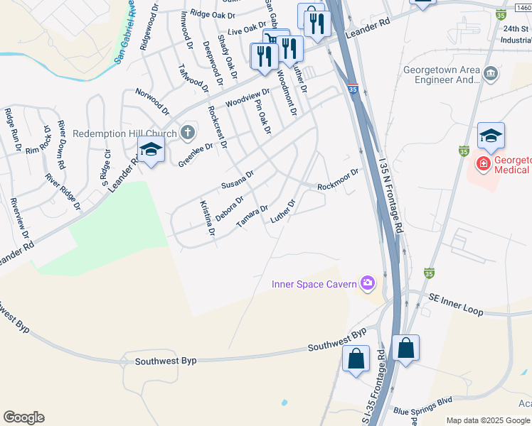 map of restaurants, bars, coffee shops, grocery stores, and more near 701 Rockcrest Drive in Georgetown