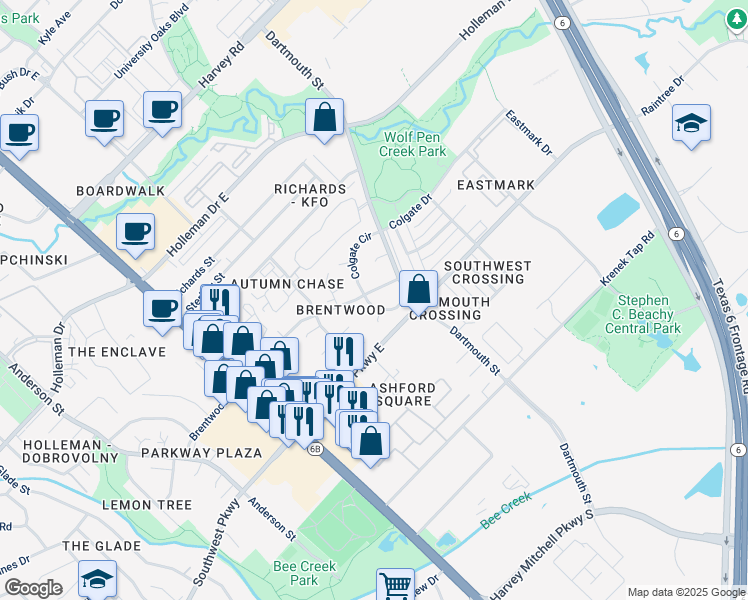 map of restaurants, bars, coffee shops, grocery stores, and more near 2415 Colgate Circle in College Station