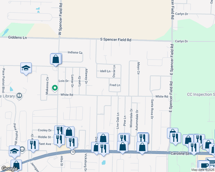 map of restaurants, bars, coffee shops, grocery stores, and more near 4855 Shane Way in Pace