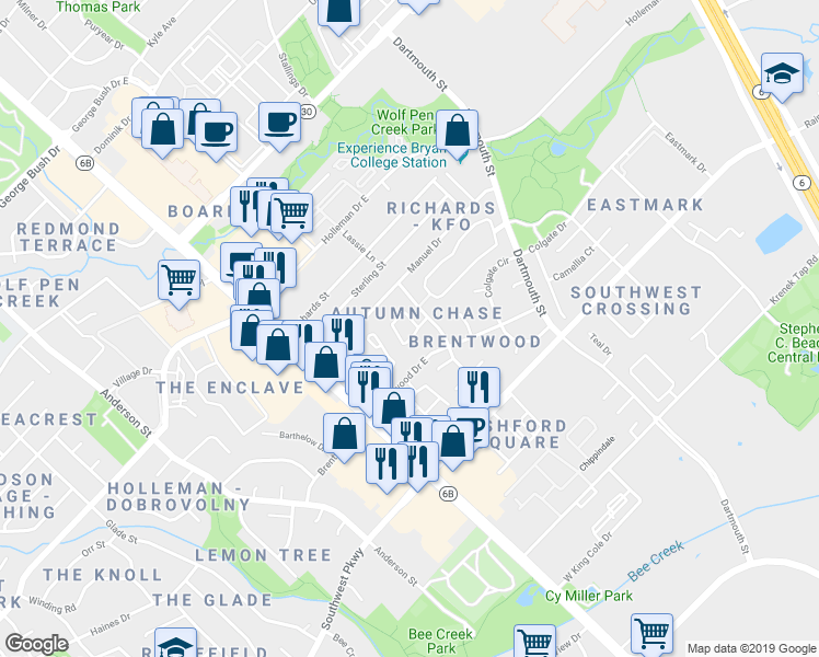 map of restaurants, bars, coffee shops, grocery stores, and more near 2328A Autumn Chase Loop in College Station