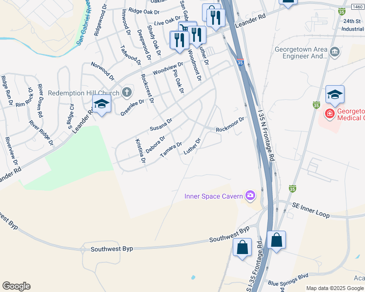map of restaurants, bars, coffee shops, grocery stores, and more near 621 Luther Drive in Georgetown